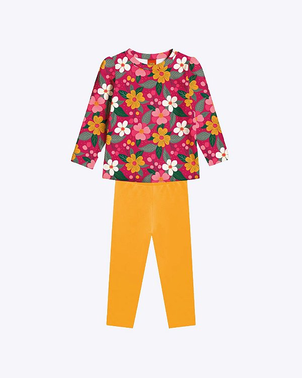 Conjunto Blusa Manga Longa Flores e Calça Legging Infantil Feminino Kyly P1001529
