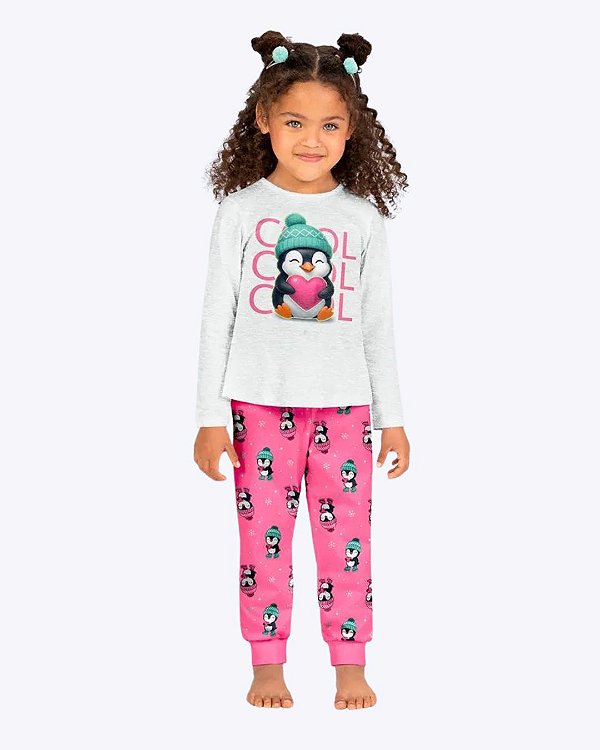 Pijama Manga Longa Pinguim Brilha no Escuro Infantil Feminino Kyly 1001636