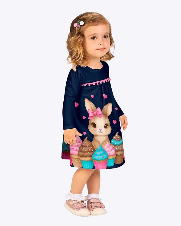 Vestido Manga Longa Coelhinha Infantil Feminino Kyly 1002019