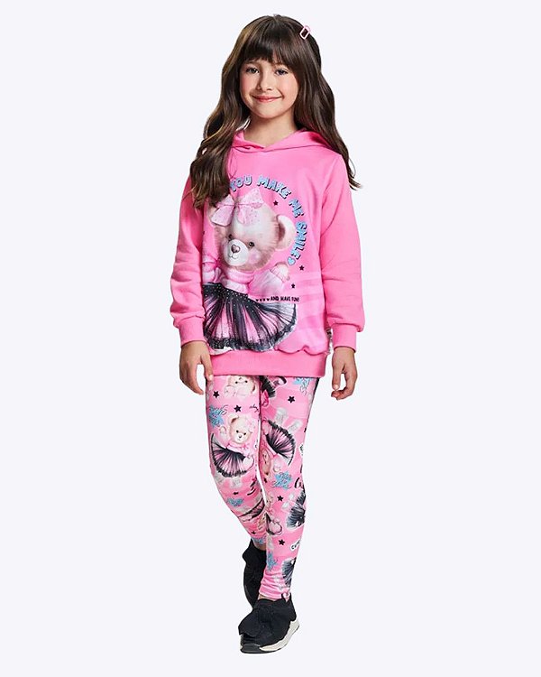 Conjunto Casaco Moletom com Capuz e Calça Legging Rosa Infantil Feminino Mundo Cinti 12895