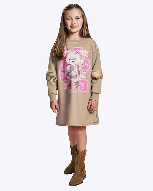 Vestido Manga Longa com Franjas Bege Ursinha Infantil Feminino Cinti 12862