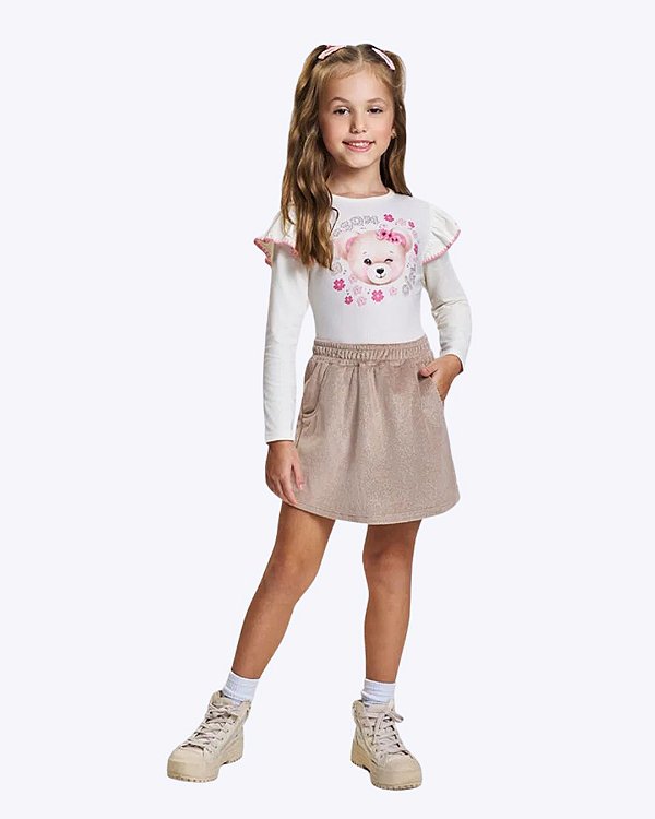 Conjunto Blusa Manga Longa Ursinha e Shorts-Saia Infantil Feminino Cinti 12929