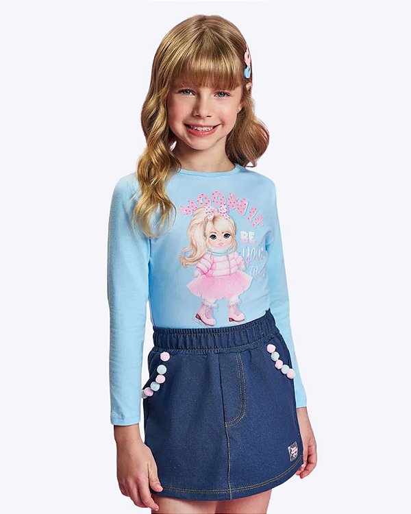 Conjunto Blusa Manga Longa e Shorts-Saia Jeans Infantil Feminino Cinti 12932
