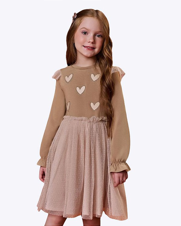 Vestido em Cotton e Tule Plissado Poá Infantil Feminino Infanti 90392