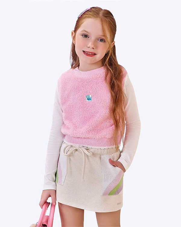 Blusa em Cotton Colete em Pelo Carneirinho e Shorts-Saia em Moletom sem Pelúcia Infantil Feminino Infanti 90831