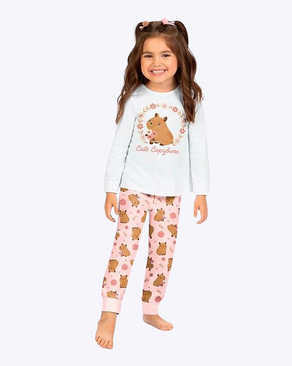 Pijama Manga Longa Capivara Brilha no Escuro Infantil Feminino Kyly 1001638