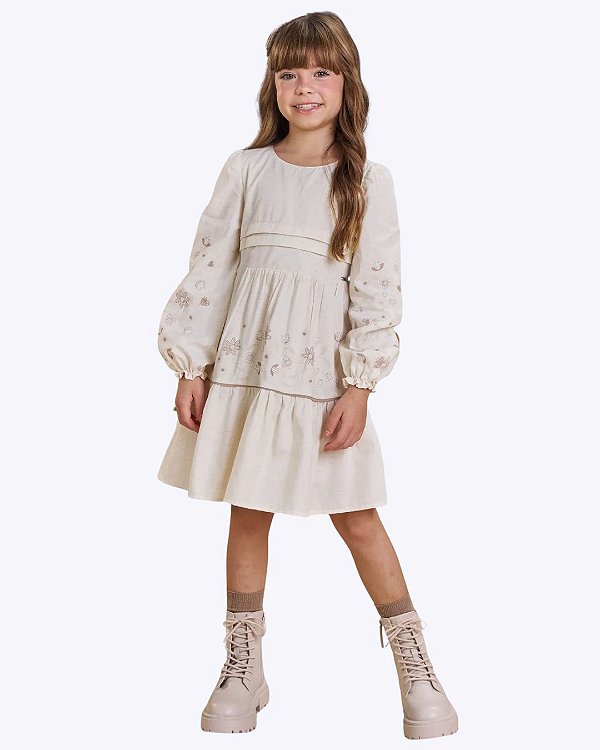 Vestido Manga Longa em Linho Deluxe Infantil Feminina Infanti 90925