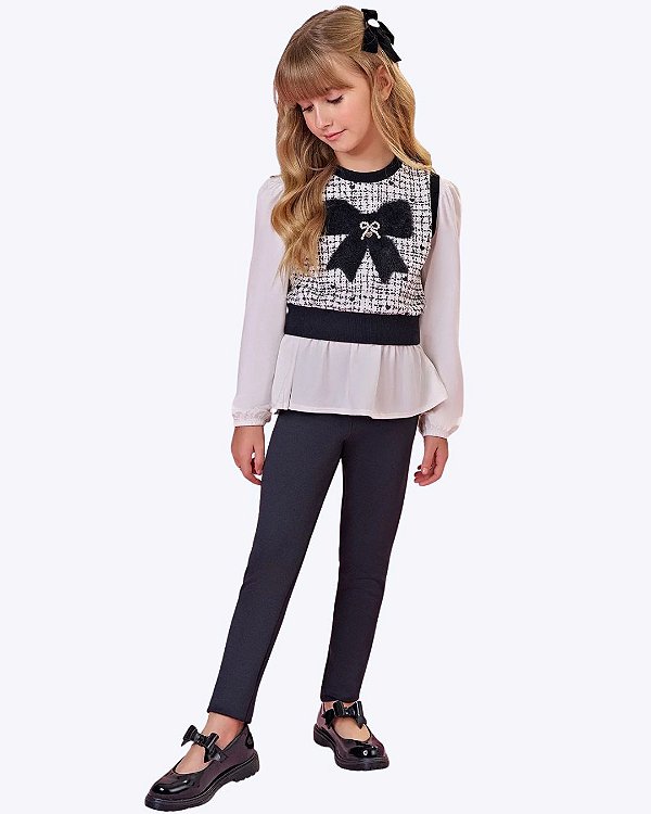 Trio de Blusa em Malha Comfy com Colete em Molecotton e Calça Legging em Fly Tech Infantil Feminino Infanti 92495