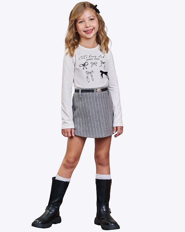 Conjunto de Blusa em Cotton e Shorts-Saia Listrado em Malha Infantil Feminino Infanti 92181