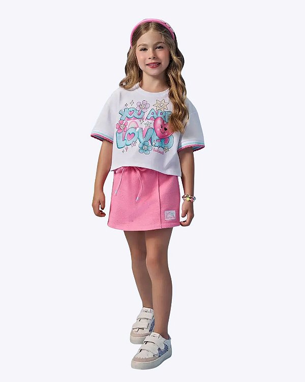 Conjunto de Blusa em Meia Malha e Shorts Saia em Moletom Botonê sem Pelúcia Infantil Feminino Infanti 95685