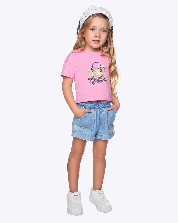 Conjunto Blusa Meia Malha Amora e Shorts Jeans Infantil Feminino Have Fun 30463