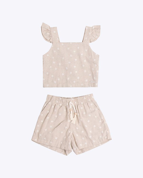 Conjunto Blusa e Shorts Linho Bordado Flowers Infantil Feminino Have Fun 30530