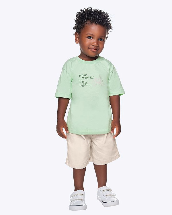 Conjunto Camiseta Meia Malha Verde e Bermuda Regular Sarja Tinta Comfort Infantil Masculino Have Fun 30517