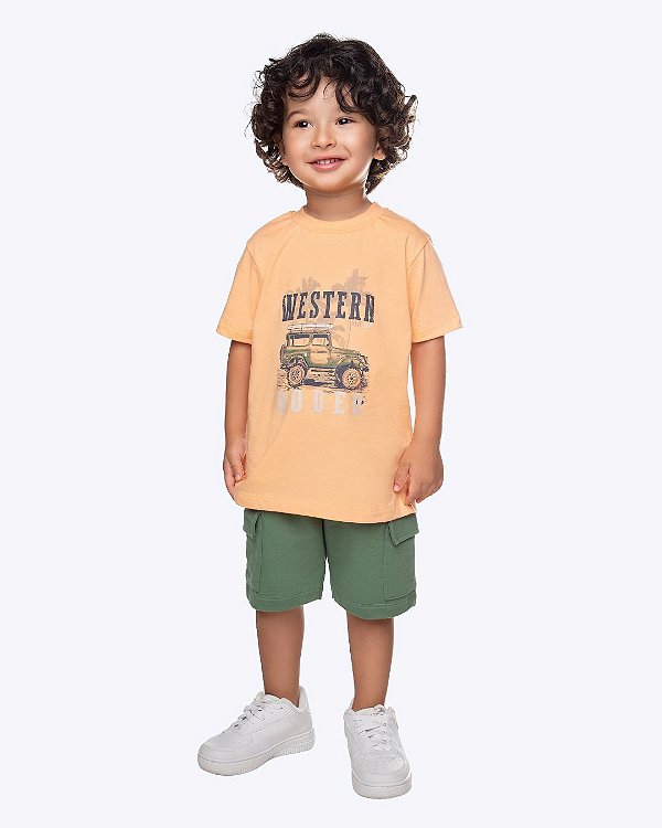 Conjunto Camiseta Manga Curta Laranja e Bermuda Moletom Verde Infantil Masculino Have Fun 30518