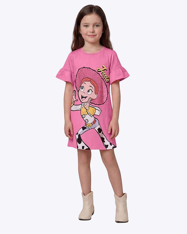 Vestido Manga Curta Rosa Meia Malha Toy Story Jessie Infantil Feminino Brandili 27559