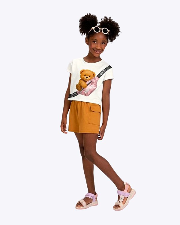 Conjunto Blusa Manga Curta Ursinha e Shorts Moletom Infantil Feminino Kyly 1002001