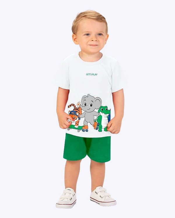 Conjunto Camiseta Manga Curta Bichinhos e Bermuda Moletom Infantil Masculino Kyly P1001868
