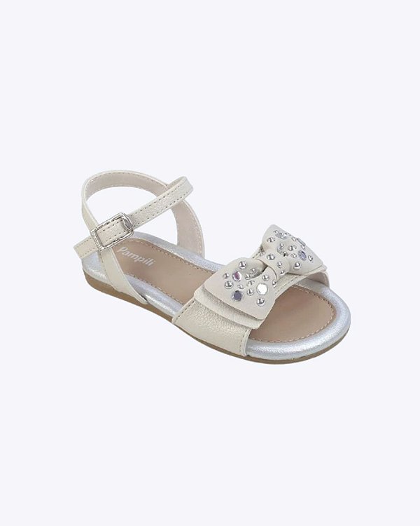 Sandália Infantil Mili com Laço e Tachas Espelhadas Off White Infantil Feminina Pampili 642124000
