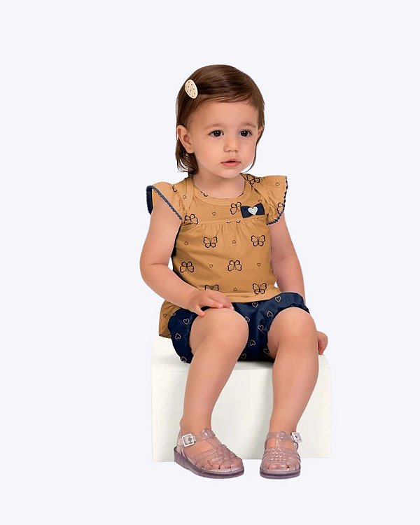 Conjunto Blusa Manga Curta Borboletas e Shorts Bebê Menina Kyly 1001940
