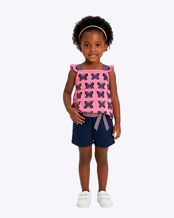 Conjunto Blusa Manga Curta Borboletas e Shorts Infantil Feminino Kyly 1001821