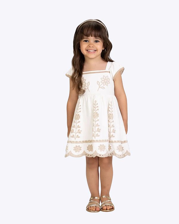 Vestido Manga Curta Bordado Flores Infantil Feminino Milon 2001727