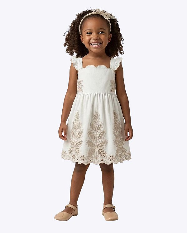 Vestido Manga Curta Folhas Bordado Infantil Feminino Milon 2001902