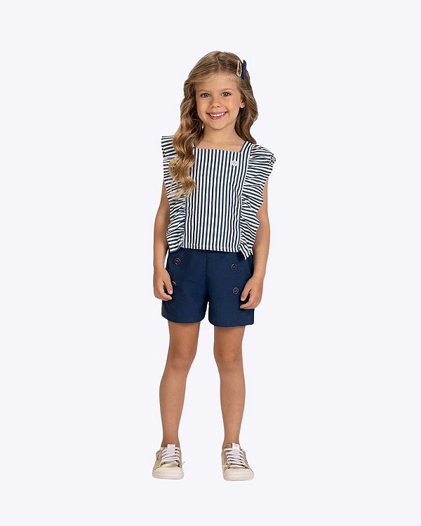 Conjunto Blusa Cropped Listras e Shorts em Tricoline Infantil Feminino Milon 2001772