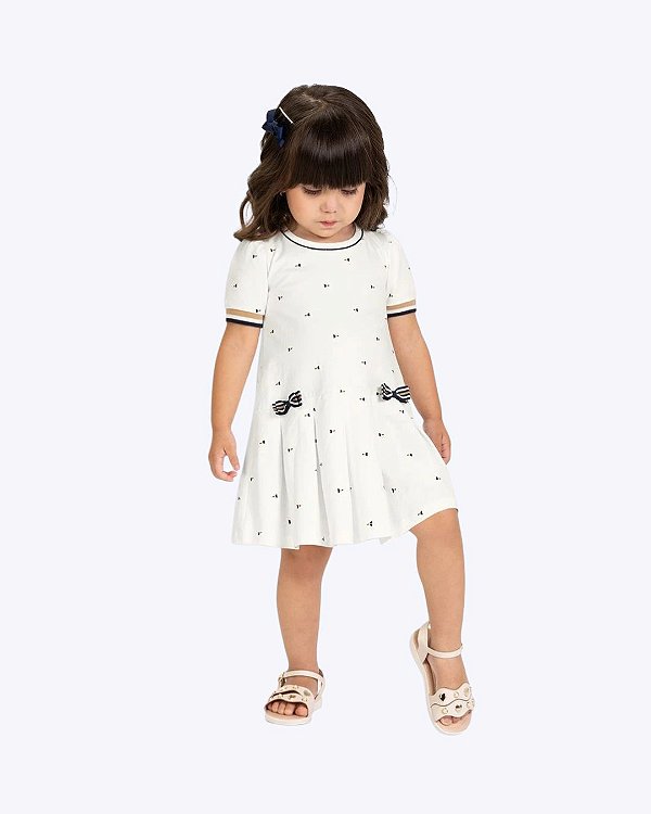 Vestido Manga Curta Piquet Off White Infantil Feminino Milon  2001725
