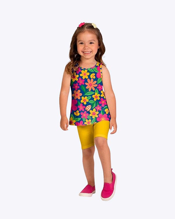 Conjunto Blusa Regata Flores e Bermuda Ciclista Cotton Infantil Feminino Kyly P1001813