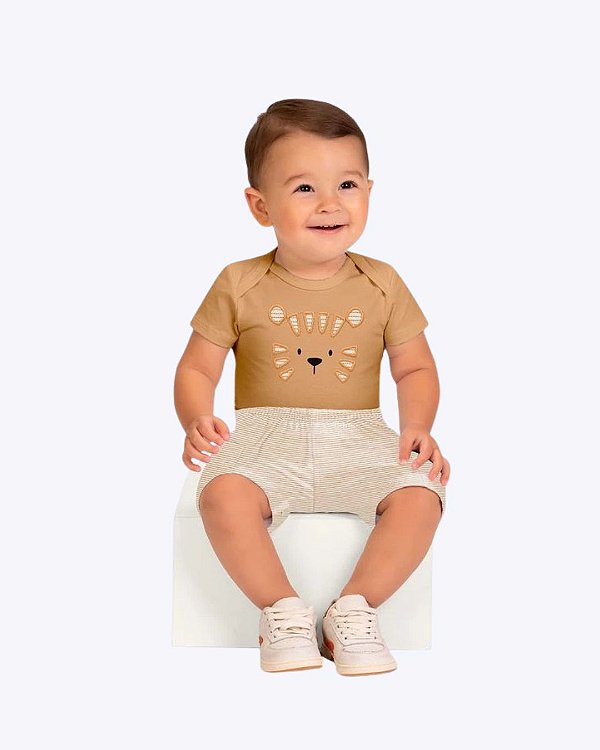Conjunto Body Manga Curta Bordado Tigre e Bermuda Listrada Bebê Menino Kyly 1001956