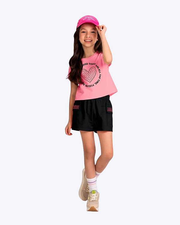 Conjunto Blusa Manga Curta e Shorts Moletinho sem Felpa Infantil Feminino Kyly 1001851