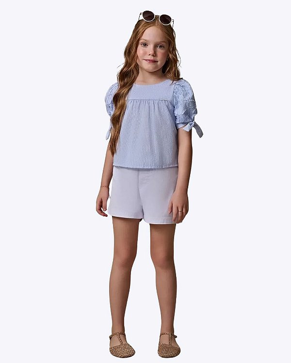 Conjunto Blusa Bata  em Tricoline Listrado e Shorts em Sarja com Elastano Infantil Feminino Infanti 97081