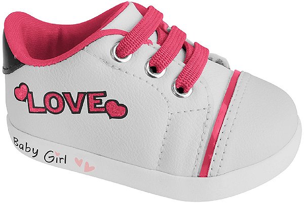 Tênis Infantil Feminino Branco com Pink Fechamento Elastico Love Baby Girl Pampili 659.006