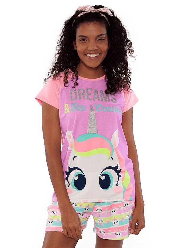 Puket Pijama Short Doll Manga Curta Visco Unicorno 030402029