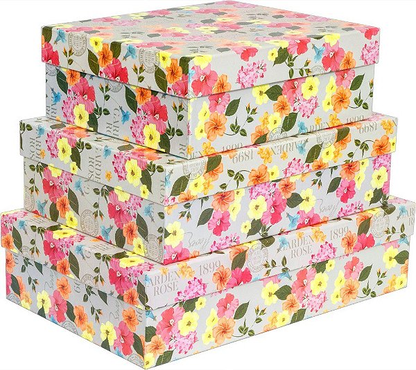 Caixa Rígida retangular 35x25x10,5 cm Flores Retrô M