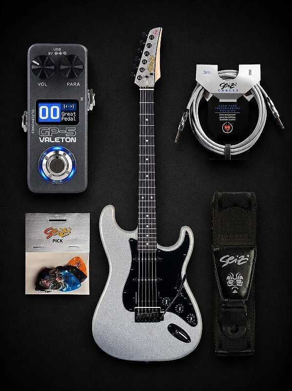KIT SEIZI GV GUITARRA FUN KATANA LIGTHER SILVER SPARKLE CABO PALHETA CORREIA E VALETON GP5