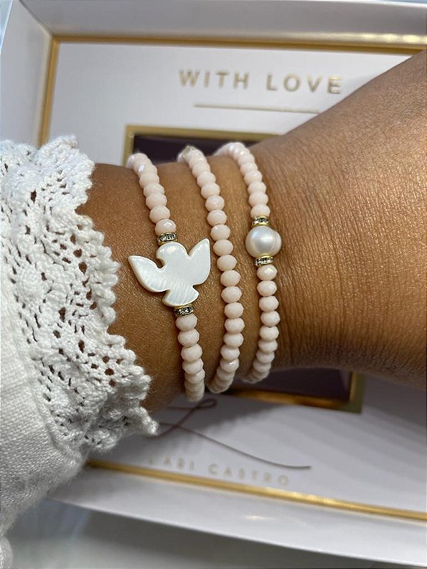 Kit Pulseiras Divino Espirito Santo Bege Fosco