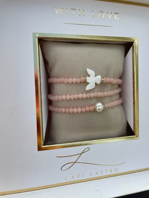 kit Pulseiras Madrepérola Divino Espírito Santo Rosa Quartzo