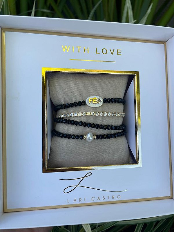 kit Pulseiras  Fé Cristais Preto + Riviera Zircônias