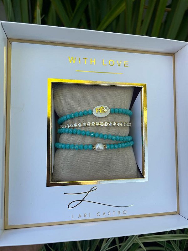 kit Pulseiras  Fé Cristais Turquesa + Riviera Zircônias