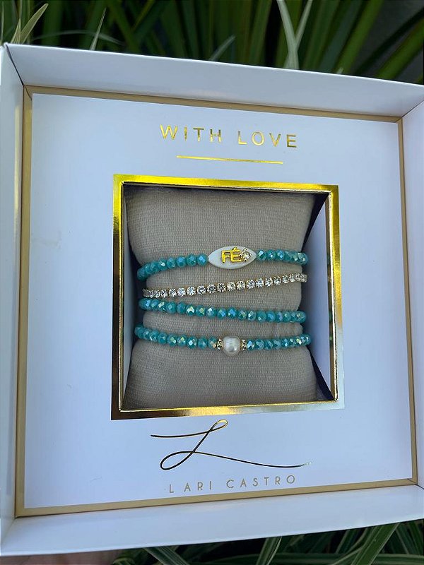 kit Pulseiras  Fé Cristais Turquesa Brilhante + Riviera Zircônias