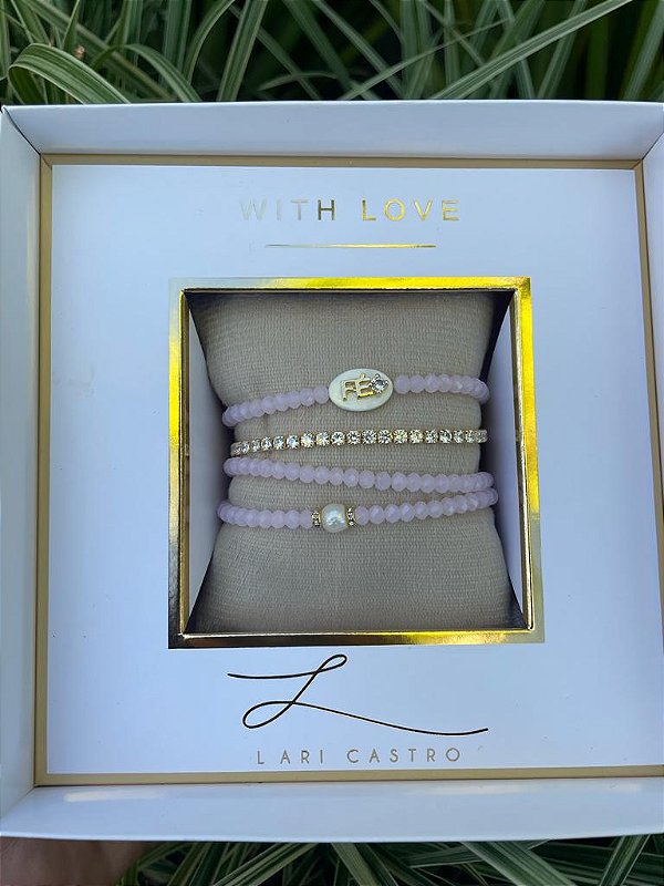 kit Pulseiras  Fé Cristais Rosa + Riviera Zircônias