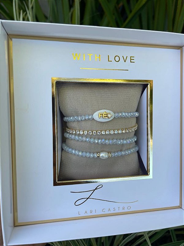 Kit Pulseiras  Fé Cristais  Azul céu + Riviera Zircônias