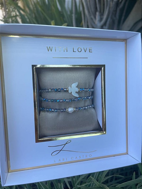 kit Pulseiras Madrepérola Divino Espírito Santo Azul mar