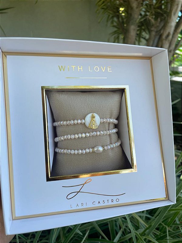 Kit Pulseiras Nossa Senhora Aparecida Bege Brilhante