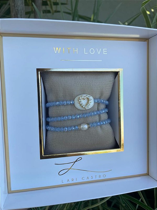 Trio de Pulseiras Coração Azul
