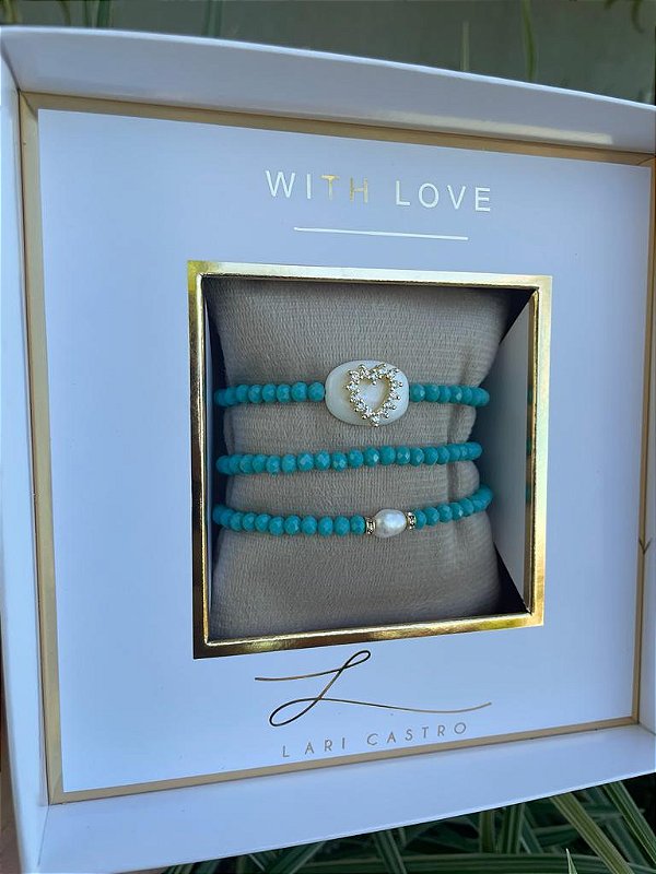 Trio de Pulseiras Coração  Turquesa