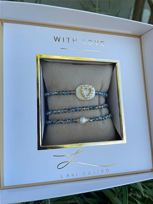 Trio de Pulseiras Coração  Azul Mar