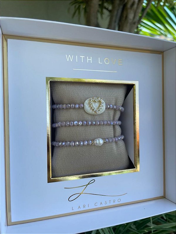 Trio de Pulseiras Coração  Lavanda