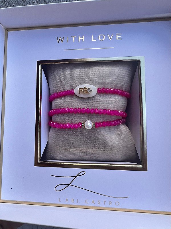 Trio Pulseiras Fé Cristais Pink